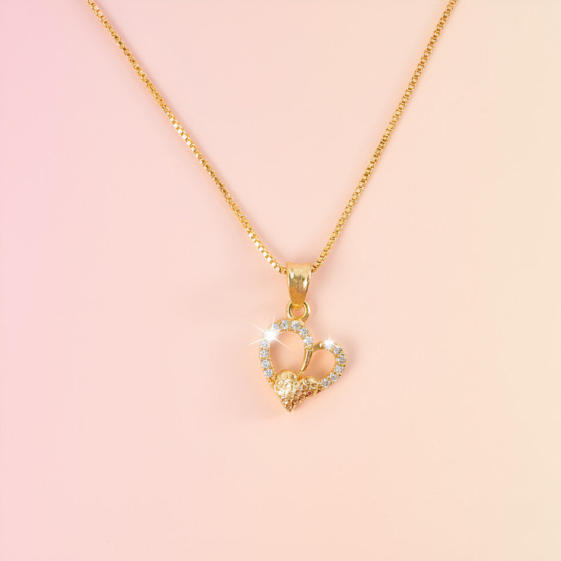 Front view of elegant double heart pendant necklace with crystal sparkle and gold plating