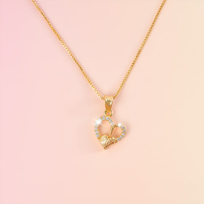 Front view of elegant double heart pendant necklace with crystal sparkle and gold plating