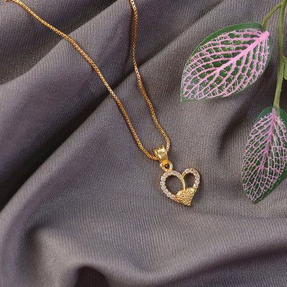 Side view of sparkling double heart pendant necklace highlighting intricate crystal details