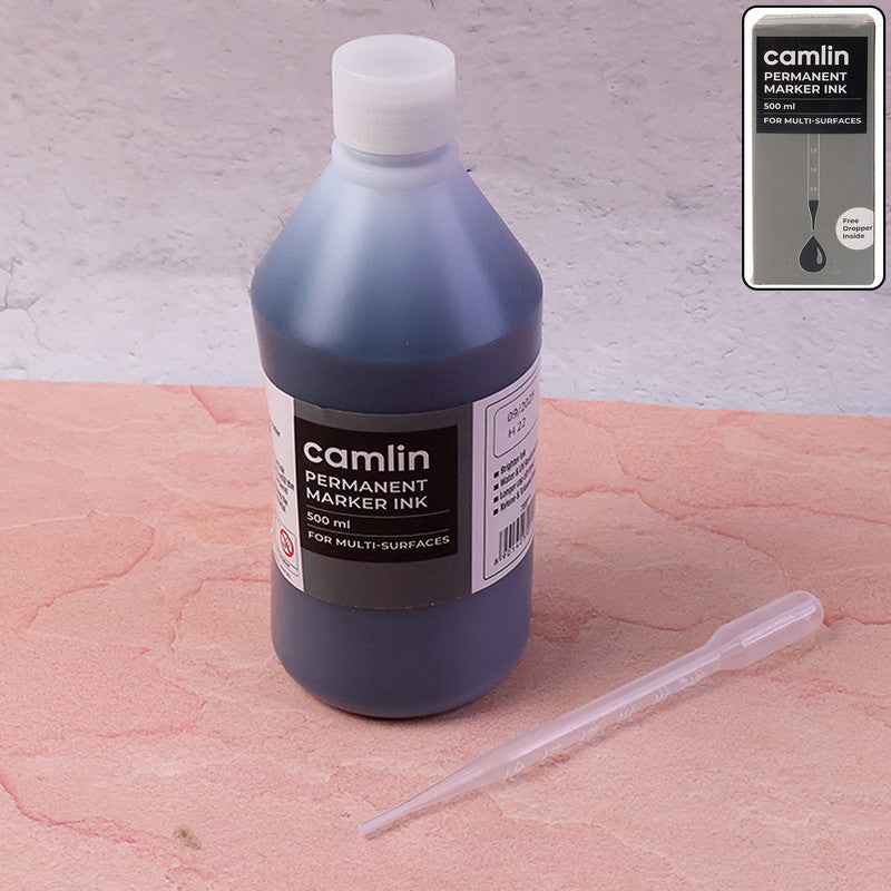 Camlin Permanent Marker Ink Black 500 ml – Multi-Surface Refill Ink with Free Dropper