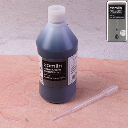 Camlin Permanent Marker Ink Black 500 ml – Multi-Surface Refill Ink with Free Dropper
