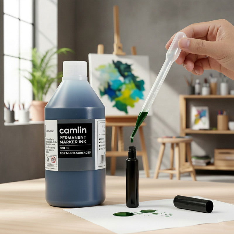 Camlin Permanent Marker Ink Black – 500 ml Refill Bottle with Free Dropper for Multi-Surface Markers