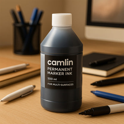 Camlin Permanent Marker Ink Black 500 ml – Multi-Surface Refill Ink with Free Dropper