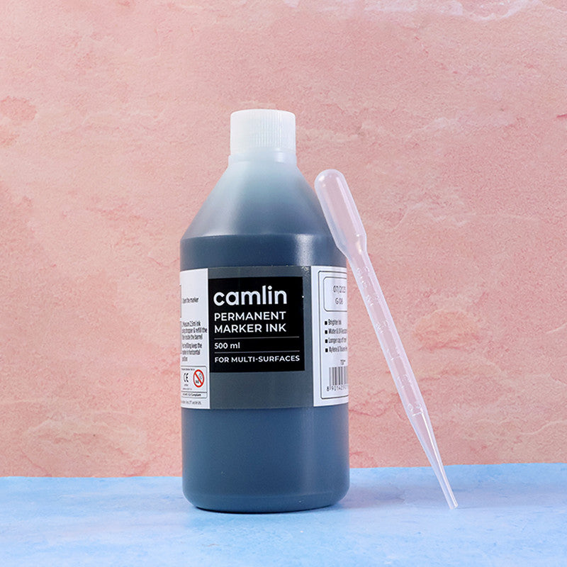 Camlin Permanent Marker Ink Black – 500 ml Refill Bottle with Free Dropper for Multi-Surface Markers