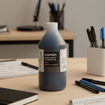 Camlin Permanent Marker Ink Black 500 ml – Multi-Surface Refill Ink with Free Dropper