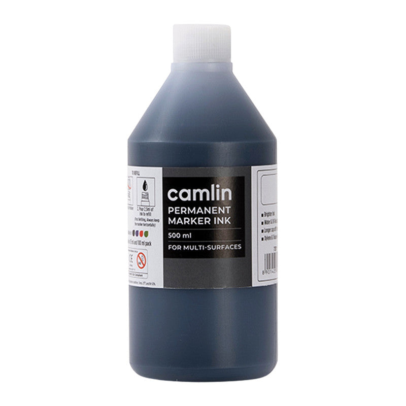 Camlin Permanent Marker Ink Black 500 ml – Multi-Surface Refill Ink with Free Dropper