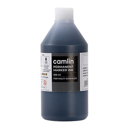 Camlin Permanent Marker Ink Black 500 ml – Multi-Surface Refill Ink with Free Dropper