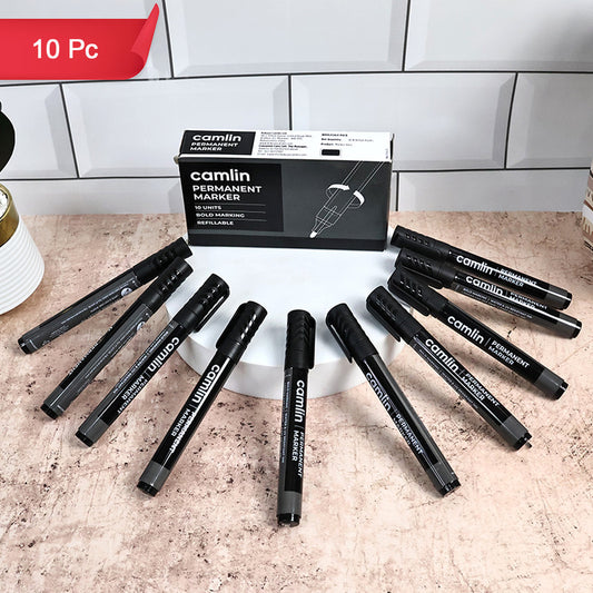 Camlin Permanent Marker – Black Colour, Bold & Long-Lasting Ink, Refillable Multi-Surface Permanent Markers – Pack of 10