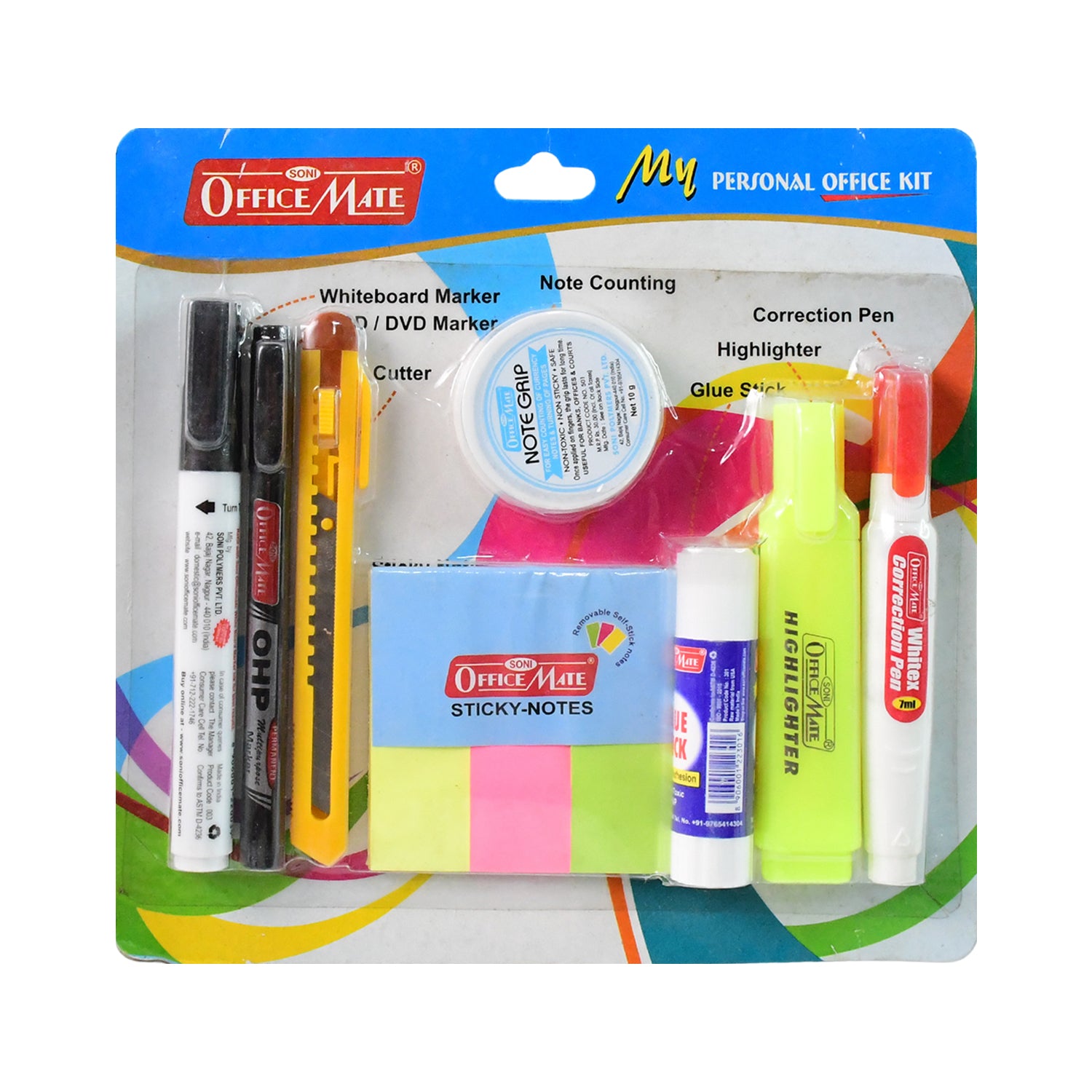 Officemate My Personal Office Kit – Complete Stationery Set with Glue Stick, Cutter, Markers, Correction Pen, Sticky Notes & More