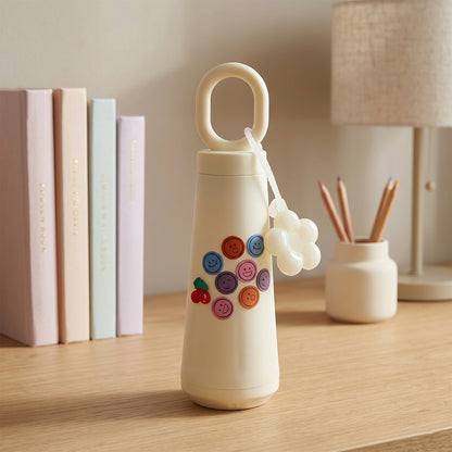 Glass water bottle with smile design and cherry motif