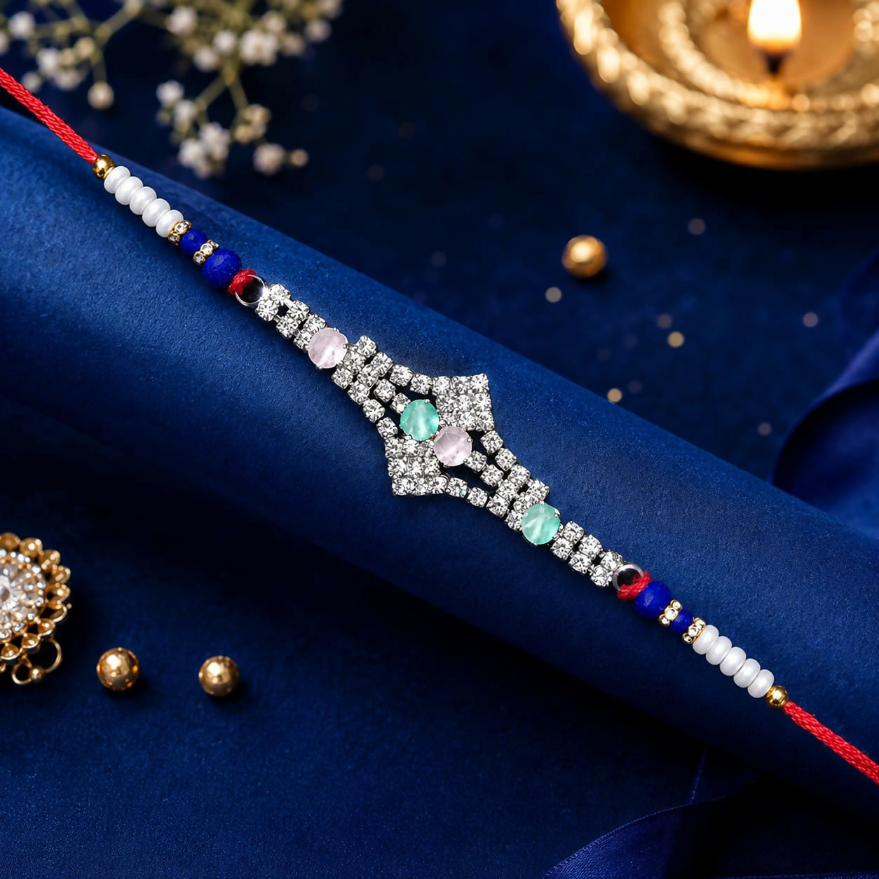 A red thread bracelet with a silver-toned, crystal-studded centerpiece featuring pink and green oval stones rests on a blue