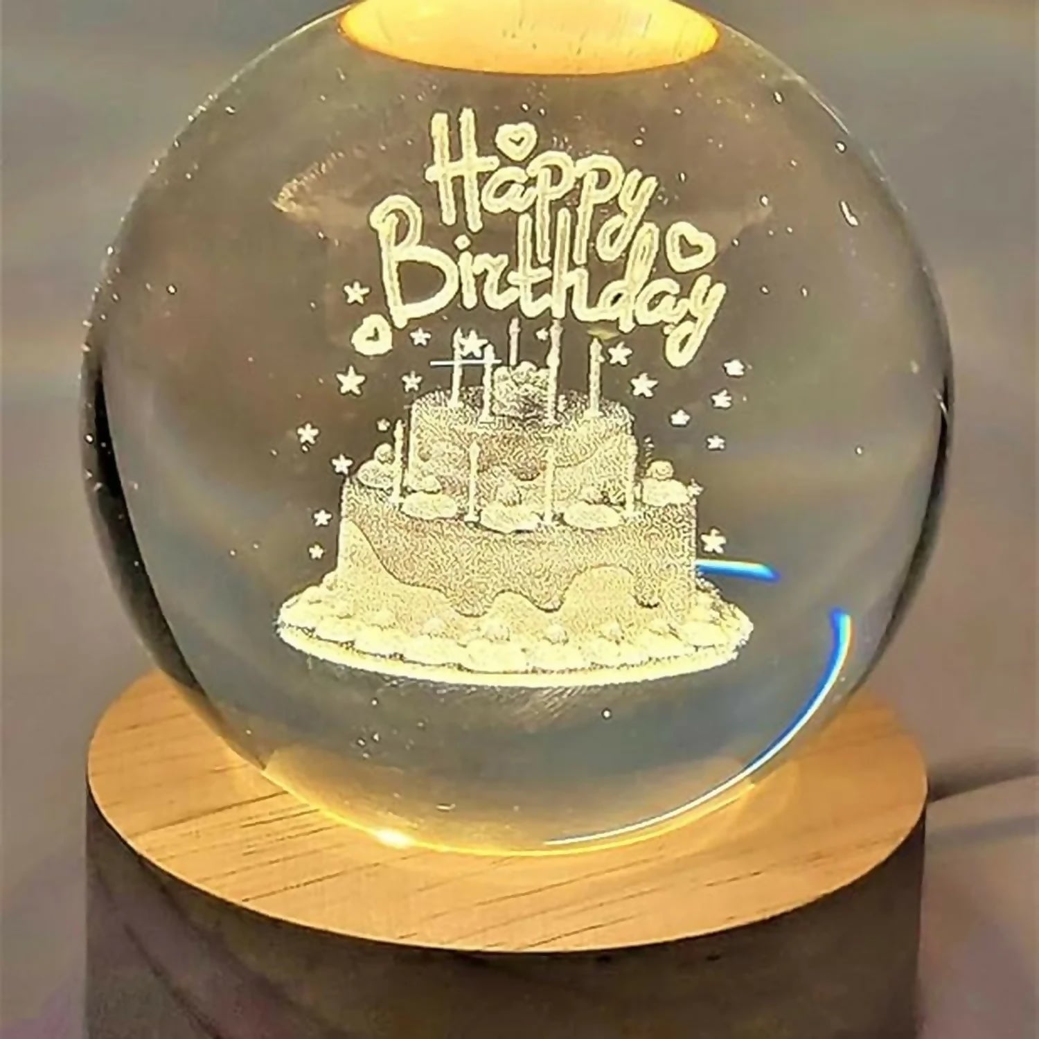 Happy Birthday crystal ball lamp showing birthday cake design