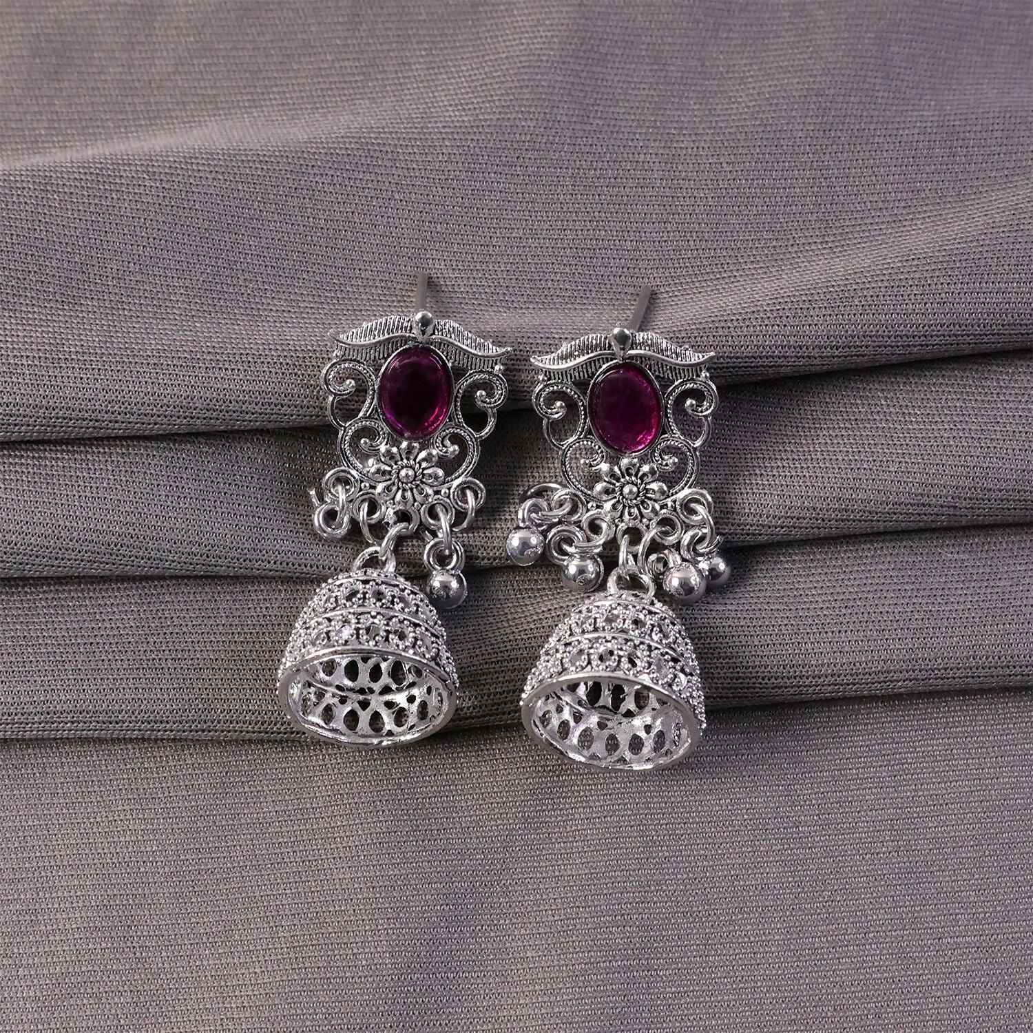 Traditional Silver Jhumka Earrings with Pink Stone & Intricate Filigree Design