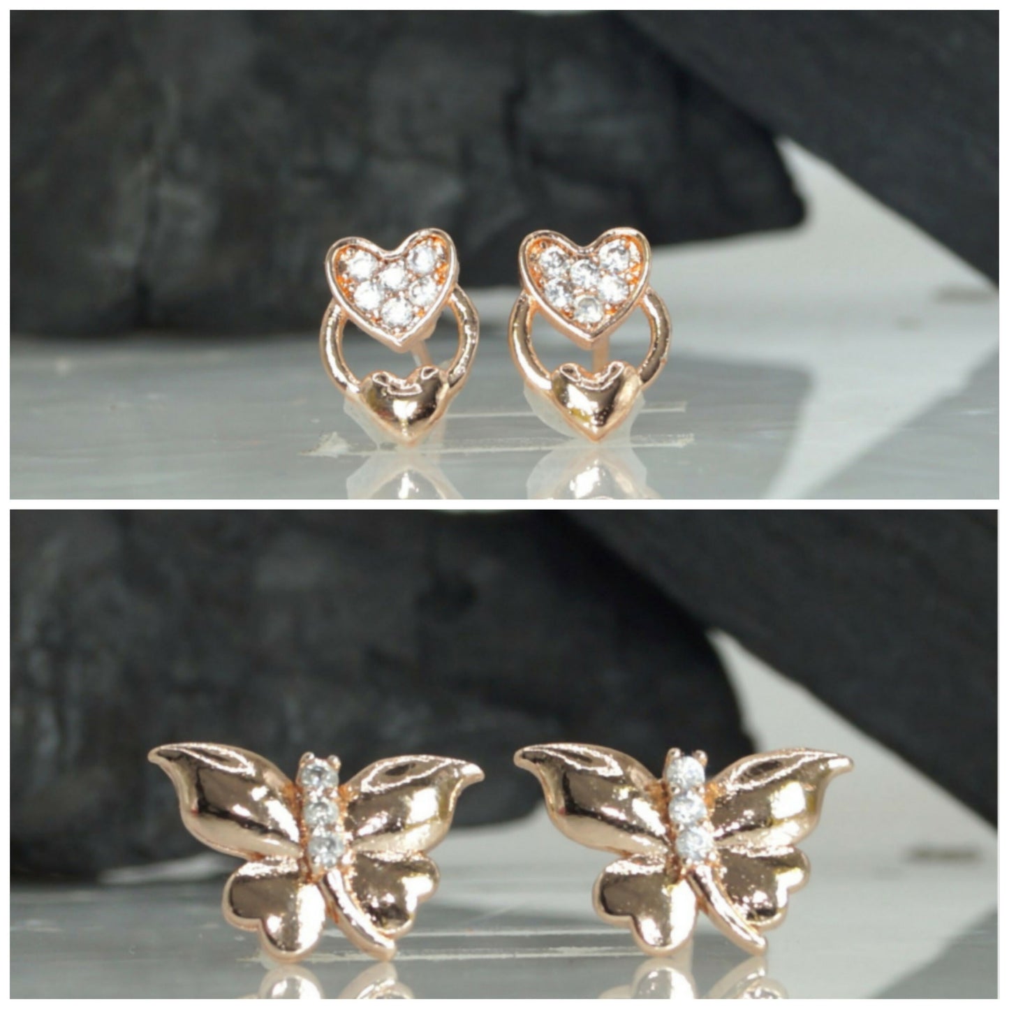 Rose Gold Heart & Butterfly Stud Earrings Set for women and girls Combo Pack of 2