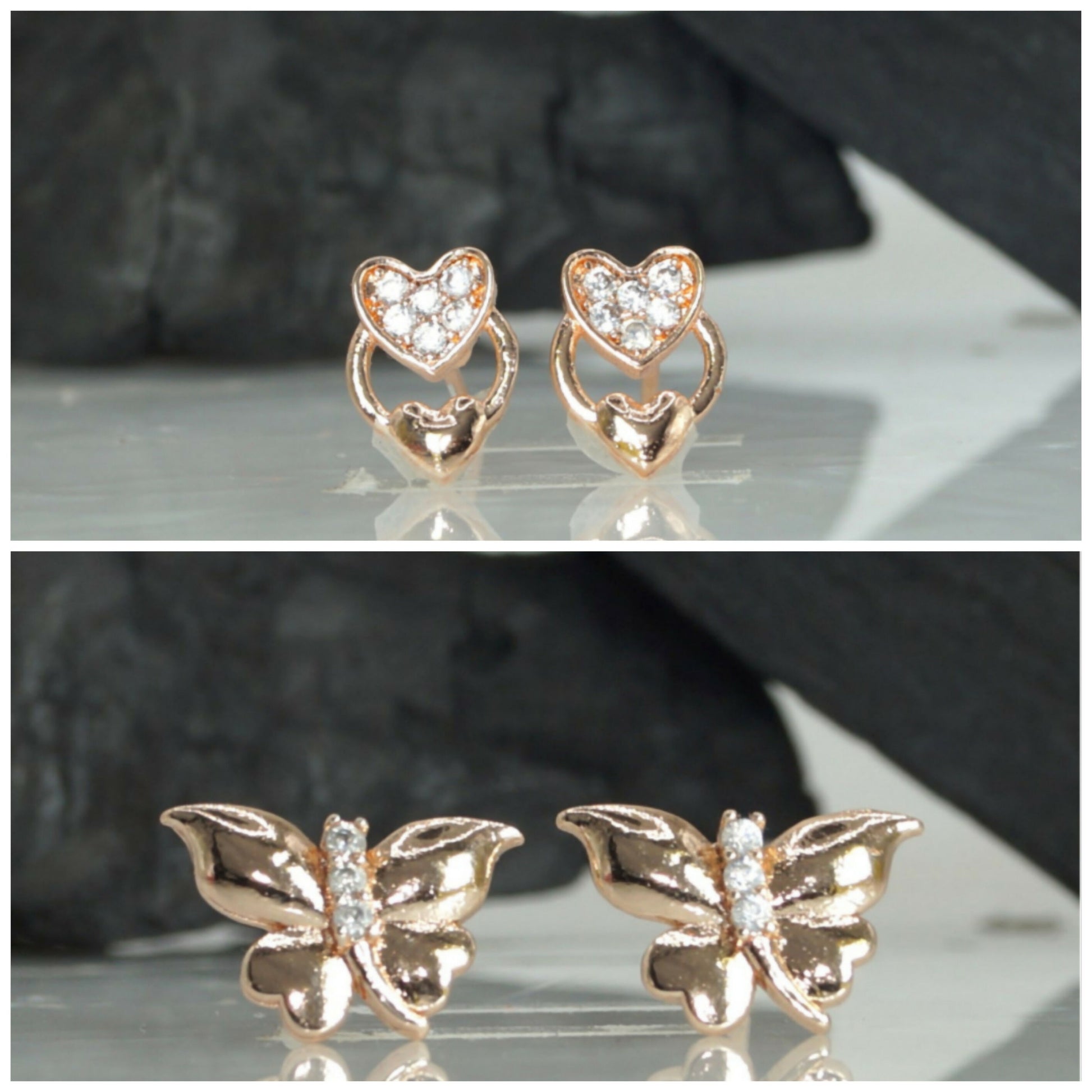Rose Gold Heart & Butterfly Stud Earrings Set for women and girls Combo Pack of 2