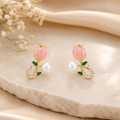 Elegant Rose Bloom Pearl Stud Earrings – Pink Tulip Floral Crystal Gold-Tone Earrings for Women