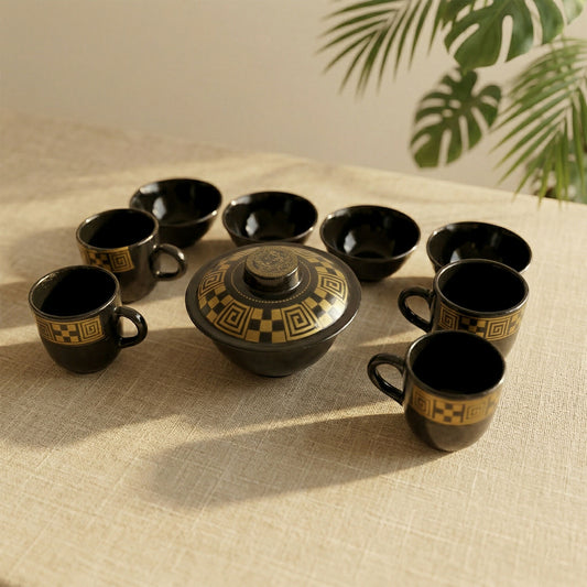Hot Espresso Cup Set Black Gold Coffee Mug Bowl Set with Serving Pot (9 Pc)