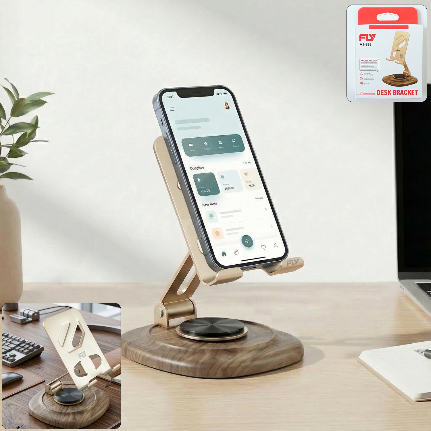 Adjustable metal desk phone stand with plastic base
