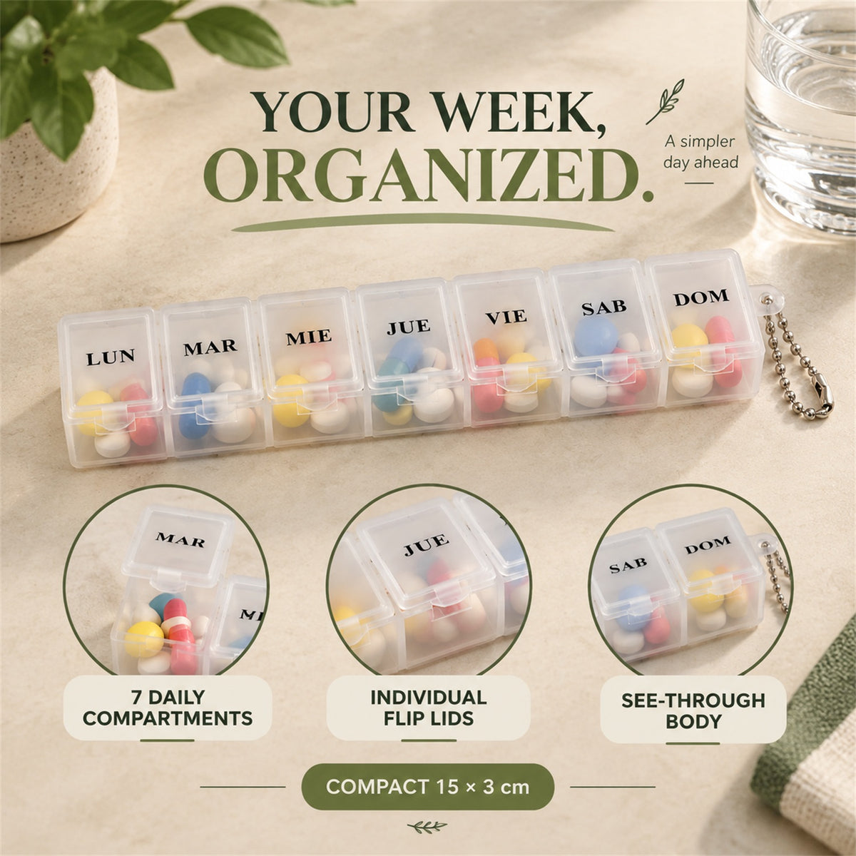 Medicine Pill Box with Clear Flip Lids for Weekly Travel Storage (7 Compartment)