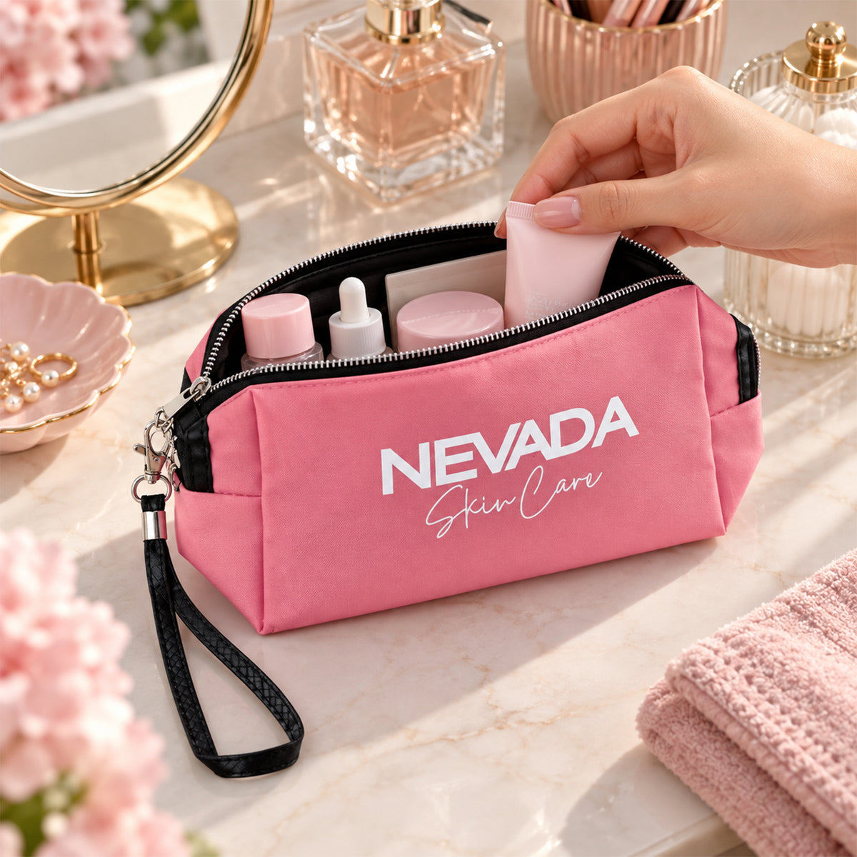 Cosmetic Pouch with Zipper Closure and Detachable Wrist Strap (1 Pc, 23x10.7 Cm)