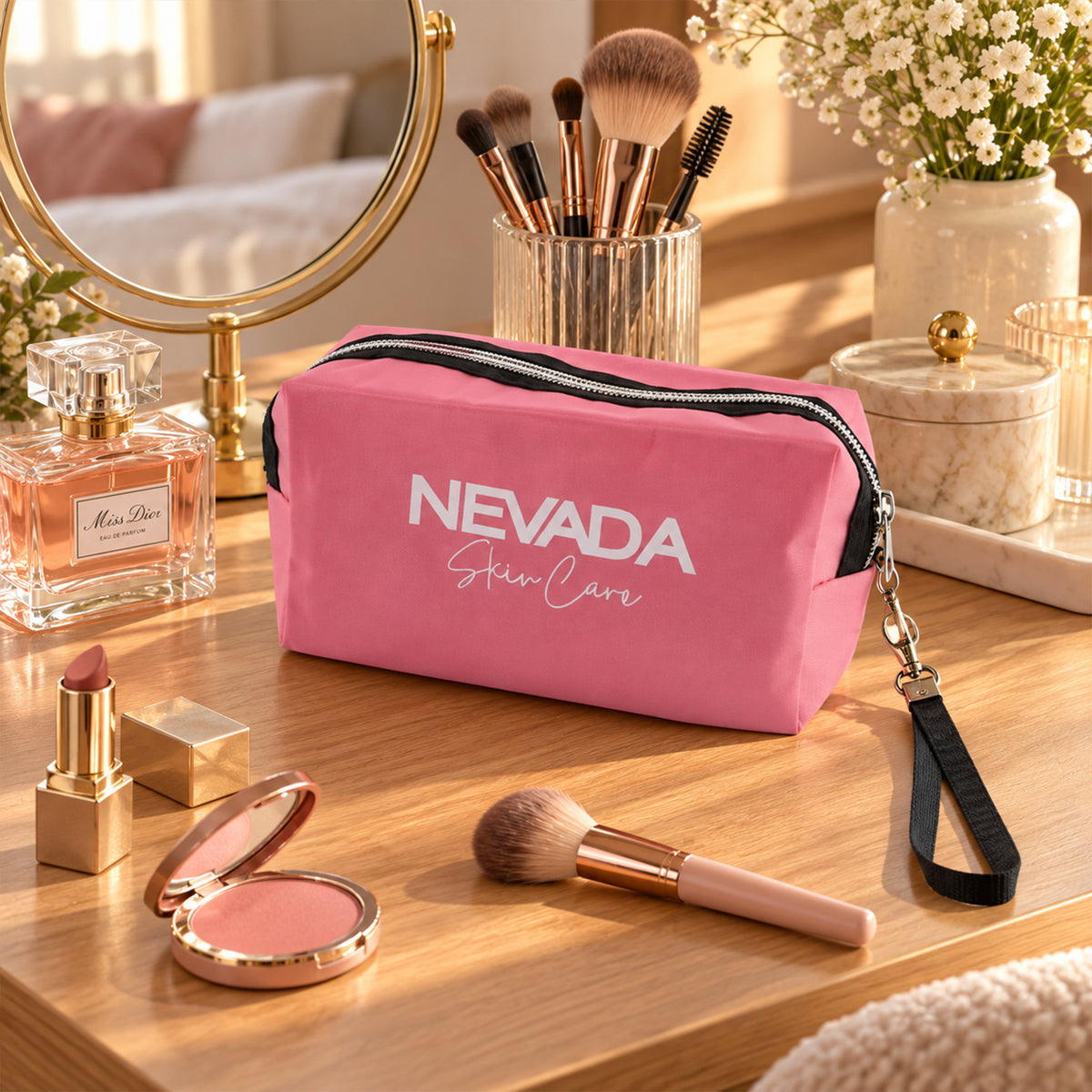 Cosmetic Pouch with Zipper Closure and Detachable Wrist Strap (1 Pc, 23x10.7 Cm)