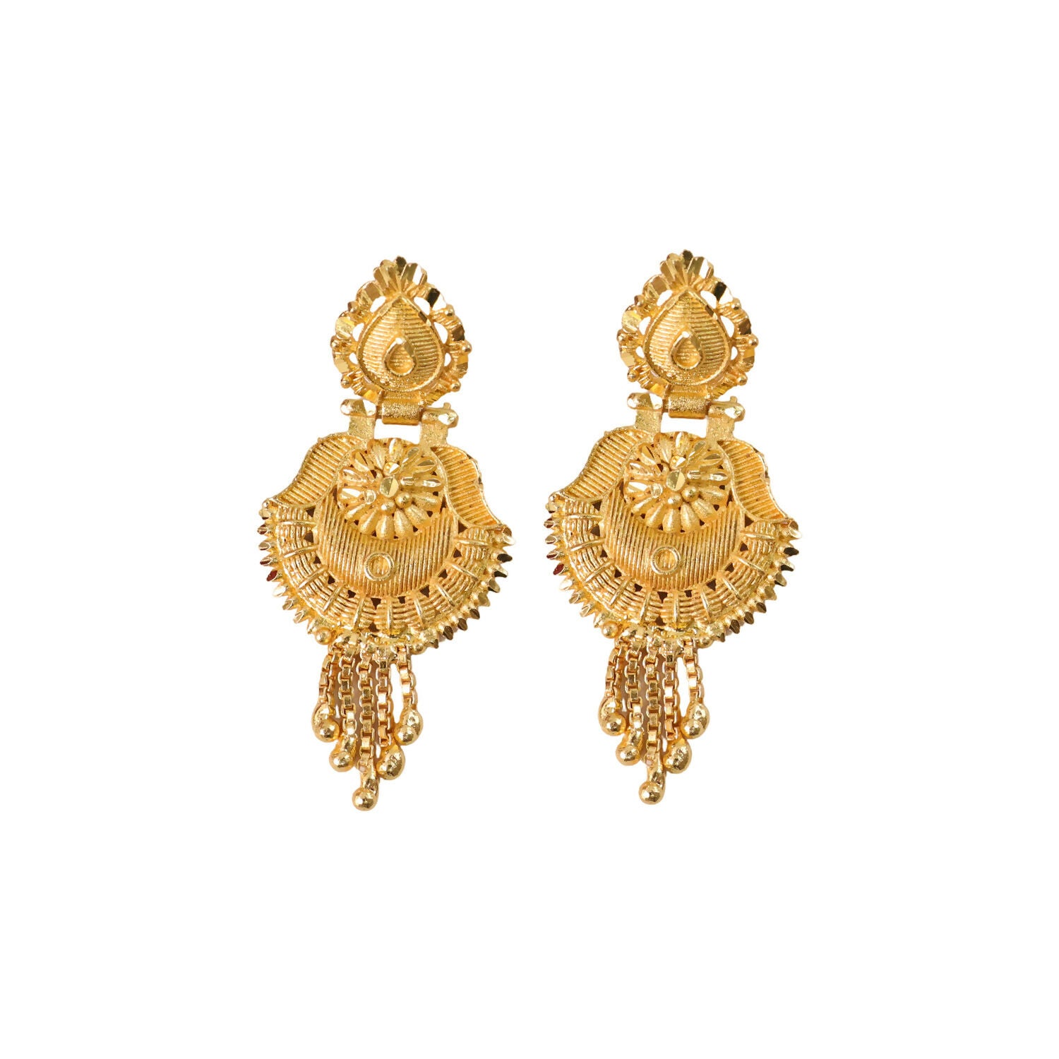 Handcrafted South Indian Heritage Gold Earrings with Intricate Leaf Motif and Classic Jhumka Dangles