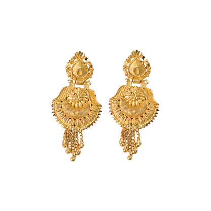 Handcrafted South Indian Heritage Gold Earrings with Intricate Leaf Motif and Classic Jhumka Dangles