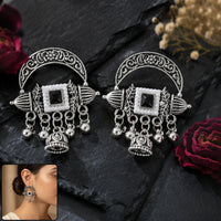 Oxidised Silver Chandbali Jhumka Earrings with Black Stone and Pearl for Women Girls