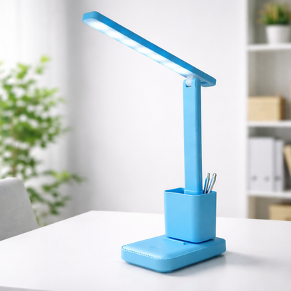 Blue LED Desk Lamp with Touch Control, Pen Holder & Adjustable Arm for Study