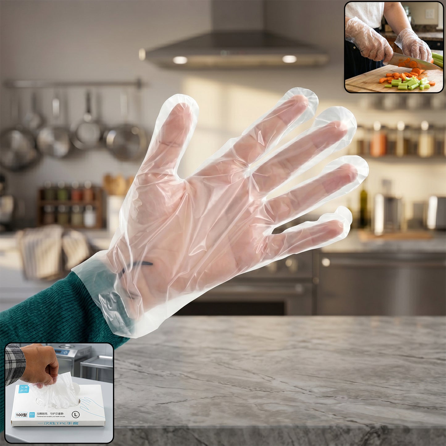 Disposable Clear Plastic Gloves on Hand
