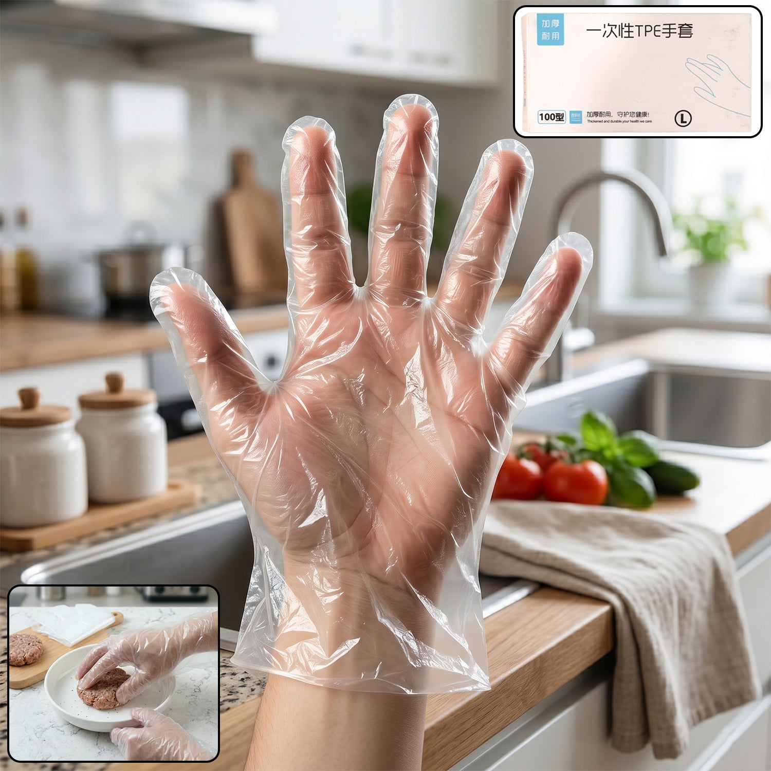 Disposable clear plastic gloves in use