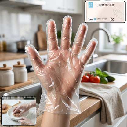 Disposable clear plastic gloves in use