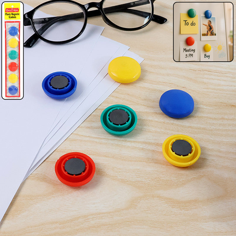 Office Mate Plasty Magnetic Symbols – Multicolour Round Magnets (Set of 6)
