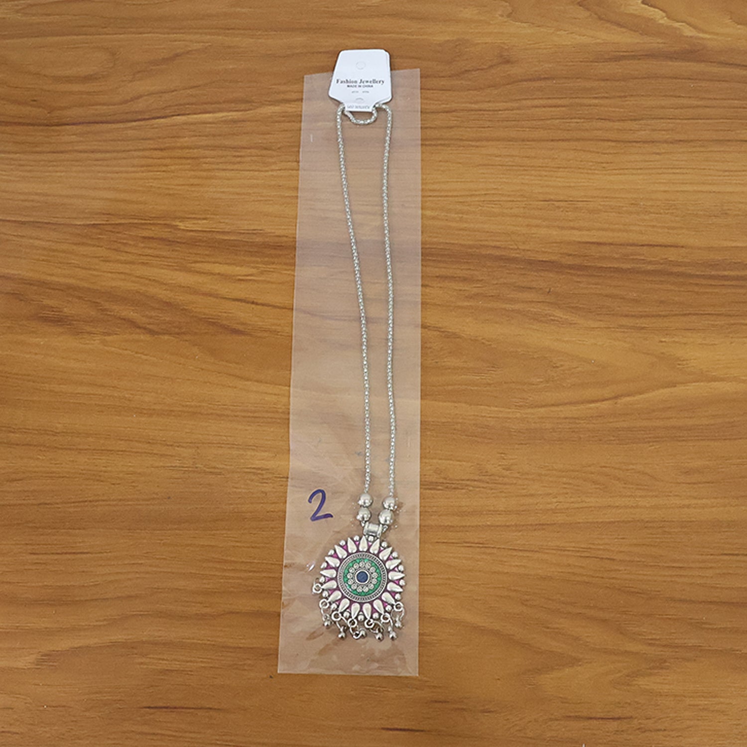 Antique Silver-Tone Oxidized Circular Enamel Pendant Necklace (1 Pc)