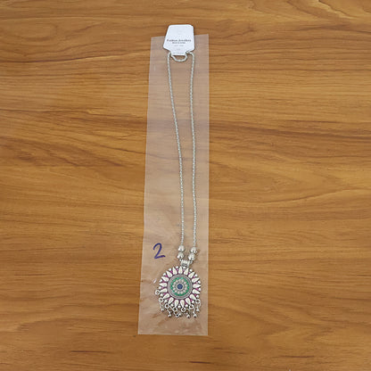 Antique Silver-Tone Oxidized Circular Enamel Pendant Necklace (1 Pc)