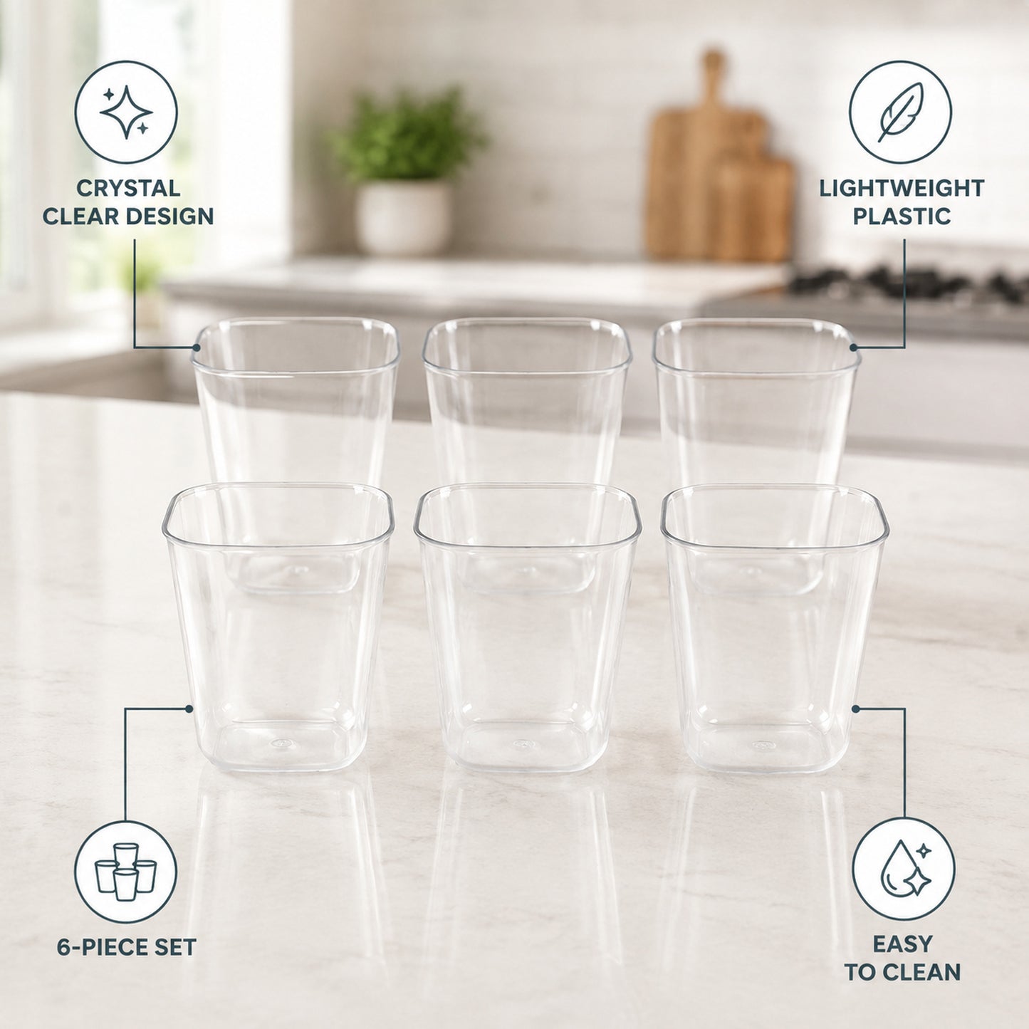 Transparent Diamond Plastic Glass Set – 6 Pieces with Tray