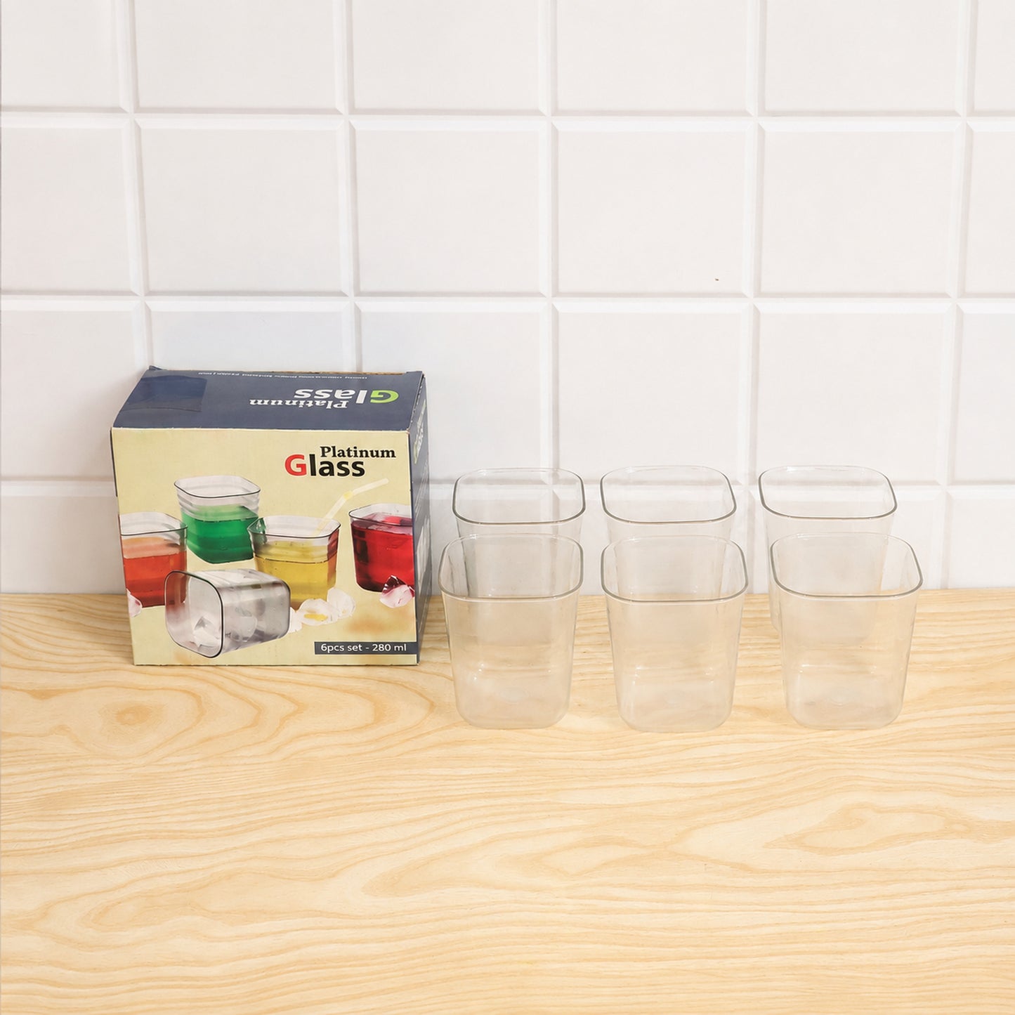 Transparent Diamond Plastic Glass Set – 6 Pieces with Tray