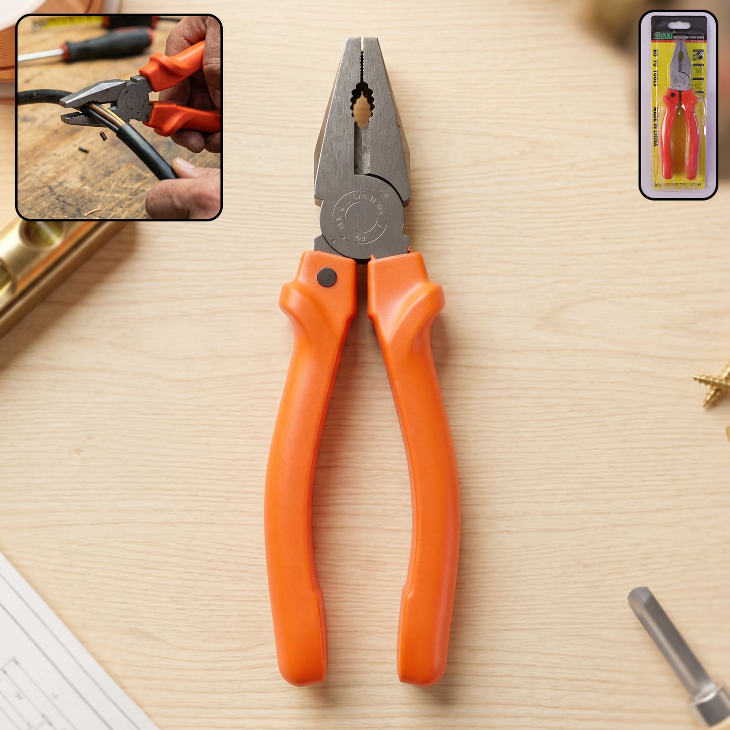 Heavy-duty combination pliers with orange handle and steel jaws for electrical work