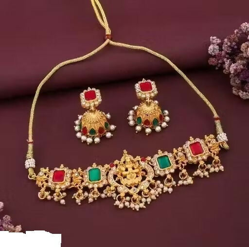 traditional Gold-Plated Lakshmi Temple Choker Set with Jhumkas