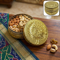 Premium Handicraft Decorative Stainless Steel Storage Box with Embossed Traditional Peacock Design Lid