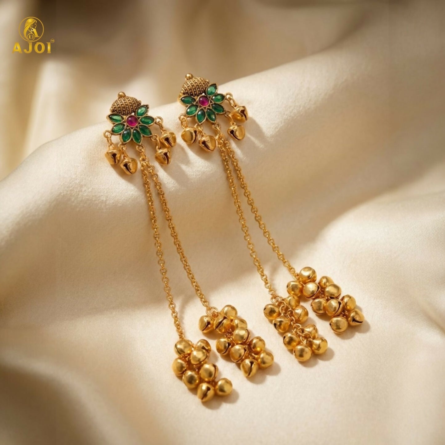 Handcrafted Floral Stud Long Drop Ghungroo Jhumki Earrings
