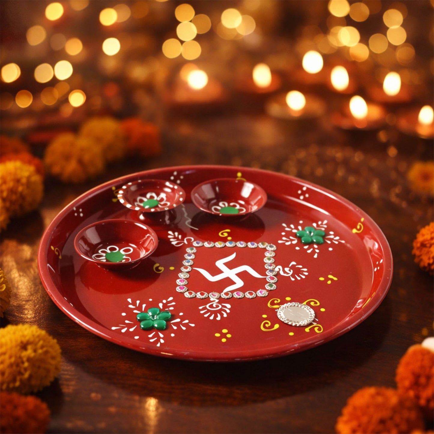 Side view of hand-painted pooja thali with diyas in grooves