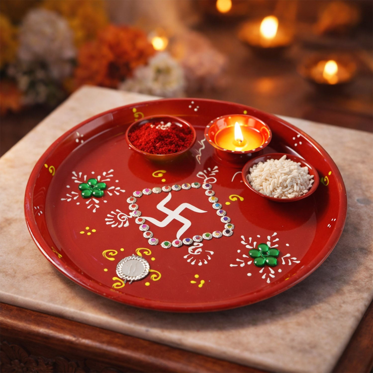 Festive pooja thali showcasing intricate hand-painted designs and stones
