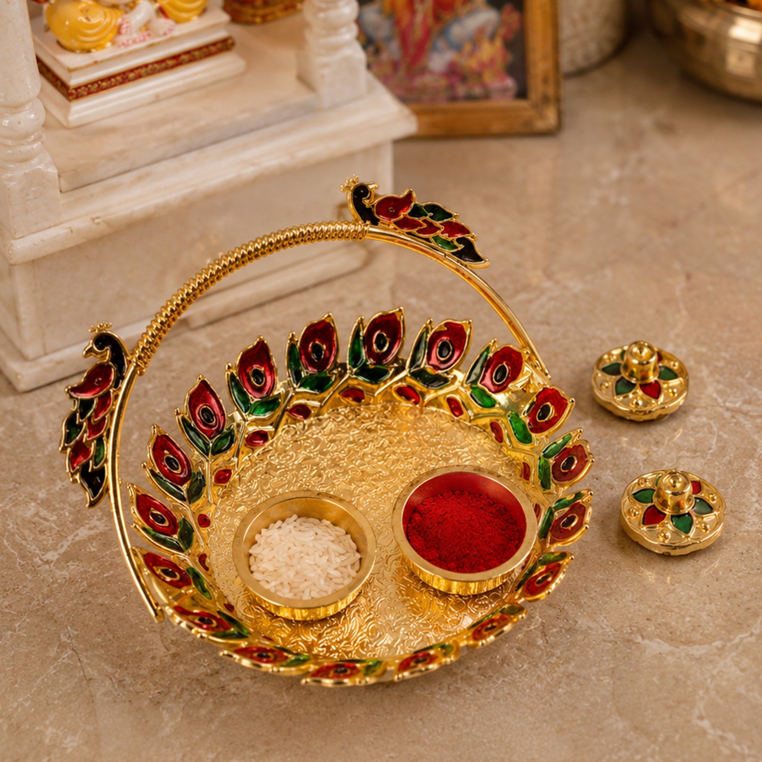 Metal Peacock Handle Kumkum Dish (1 Pc)