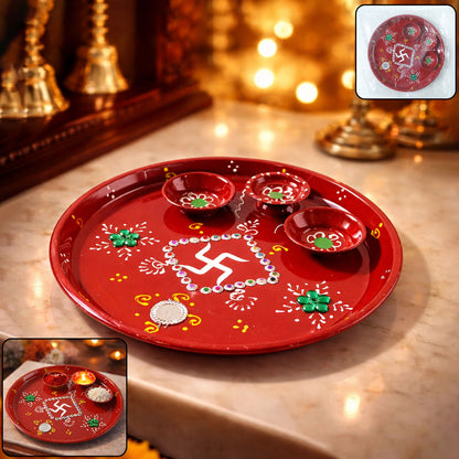 Hand-painted pooja thali with central Ganesha motif and three diyas
