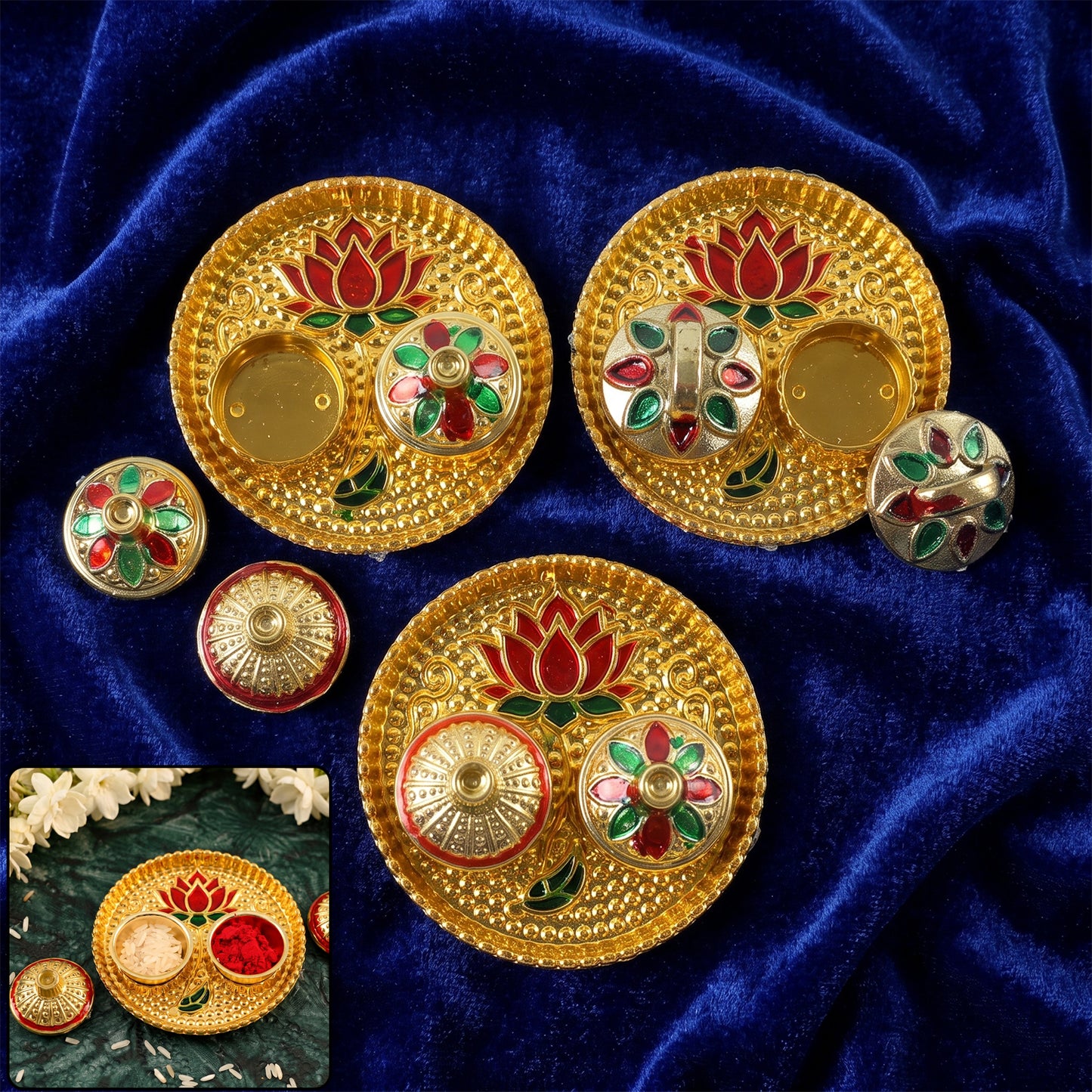 Round Kankavati Kumkum Holder Decorative Pooja Thali with Lotus Design (1 Pc)