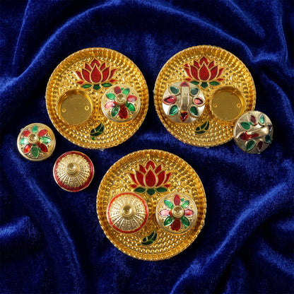 Round Kankavati Kumkum Holder Decorative Pooja Thali with Lotus Design (1 Pc)