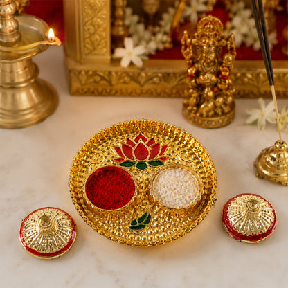 Round Kankavati Kumkum Holder Decorative Pooja Thali with Lotus Design (1 Pc)
