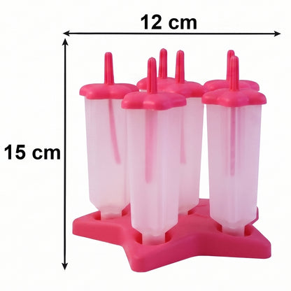 Six plastic ice cream molds arranged with colorful popsicles