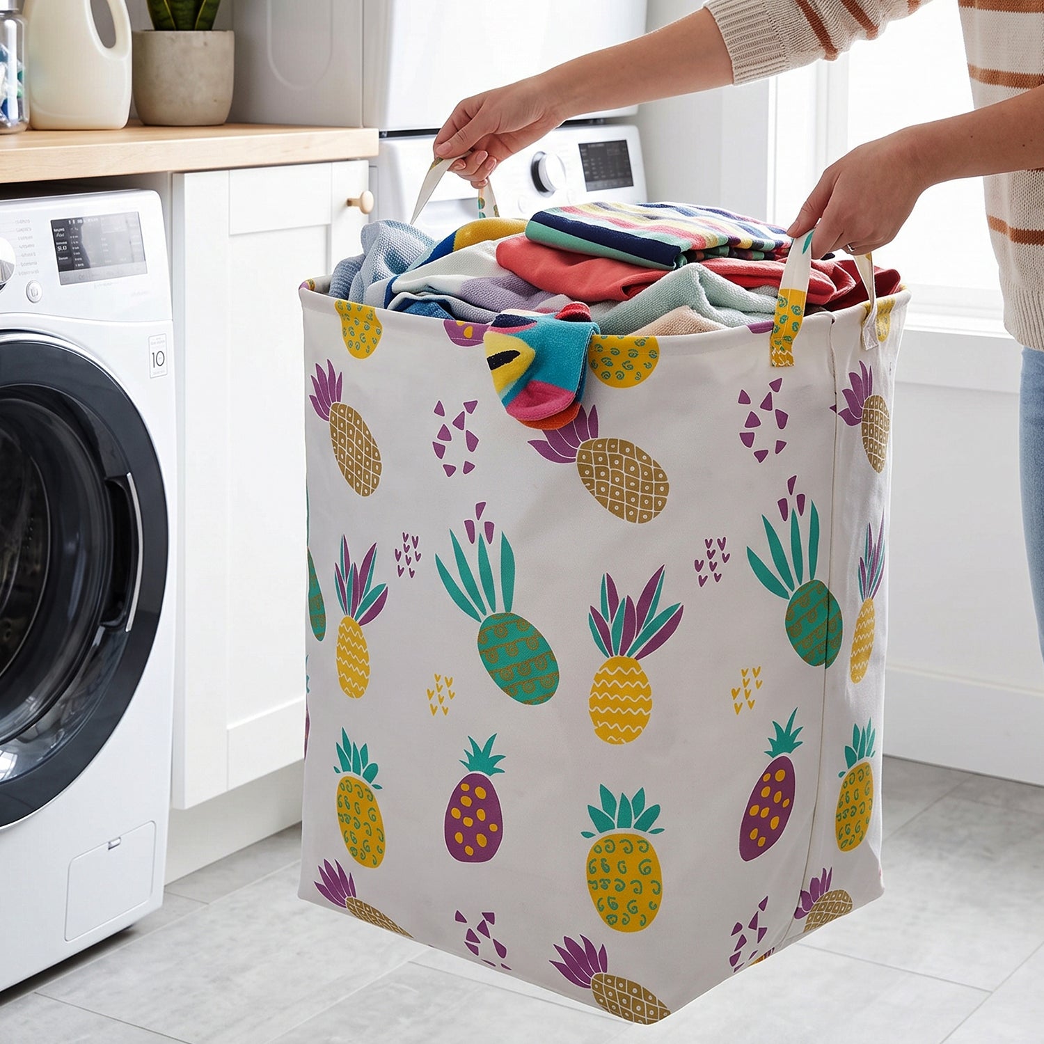 Printed Fabric Clothes Storage Bag Foldable Laundry Basket Hamper (1 Pc)